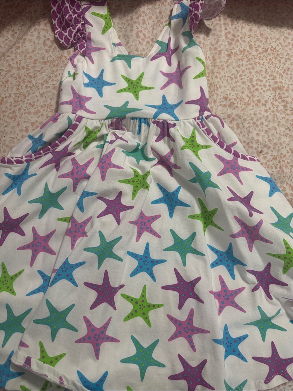Eleanor Rose White Dress with Pink, Blue & Green Starfish Print